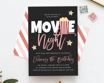 Movie Night Birthday Party Invite Vorlage, Mädchen Geburtstag Aquarell, Sofort Download, Printable, Vorlage, Templett, Instant Download