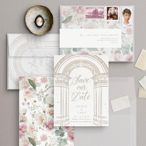 GrowNOTES™ Luxe Réservez vos dates avec des enveloppes en vélin Arche de jardin Mariage Fleurs sauvages à planter Cartes en papier Botanique Floral Unique