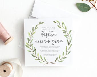 Watercolor Olive Branch Baptism Invitation, Baby Shower Invitation, Calligraphy, Greenery, Shower Invitation, Printable