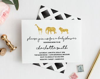 Safari Baby Shower Invitation, Jungle Theme, Watercolor Safari, Gold, Black