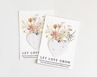 growNOTES™ Let Love Grow Plantable Seed Paper Favor Cards, Grows Wildflowers, Wallet Size Gift, Bridal, Wedding, Shower, Botanical Pink