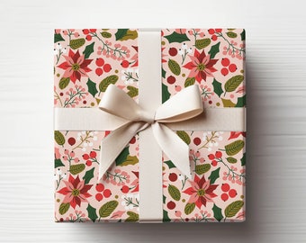 Christmas Wrapping Paper - Poinsettias, Holly Berries, Winter Greens, Pink and Red, Hand drawn, Holiday Gift Wrap, 20"x29"