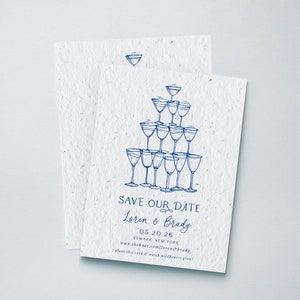 Cartes "Retenez cette date" à planter GrowNOTES™ Cartes de mariage modernes en papier graine Cartes dessinées à la main pour mariage champagne, fleurs sauvages et éco-responsables