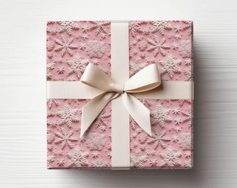 Christmas Wrapping Paper - Faux Appliqué Snowflakes, Pink and Cream, Sewn, Faux Embroidery Look, Cottage Core, Holiday Gift Wrap, 20"x29"