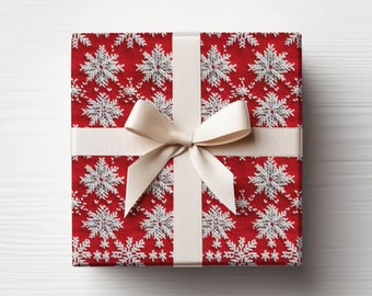 Christmas Wrapping Paper - Faux Knitted Red and White Snowflakes Fabric, Faux Embroidery Look, Cottage Core, Holiday Gift Wrap, 20"x29"