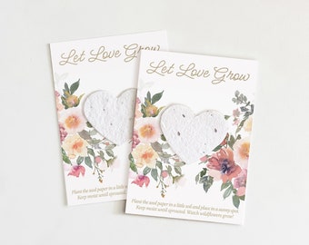 growNOTES™ Wedding Favors, Let Love Grow Plantable Flower Seed Paper Cards, Bridal Shower, Gifts, Wallet Size, Gold and Pink Botanical