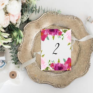 INSTANT DOWNLOAD Watercolor Rosey Table Numbers, Fuschia and Pink, Printable Cards image 1