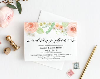 Vintage Floral Blush Bridal Shower Invitation, Wedding Shower Invitation, Baby Shower, Blush, Peach, Calligraphy