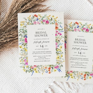 Faire-part à planter pour la mariée, faire-part pour la douche nuptiale, faire-part pour le mariage, fleurs lumineuses, fleurs sauvages, papier, brunch, 4 invitations