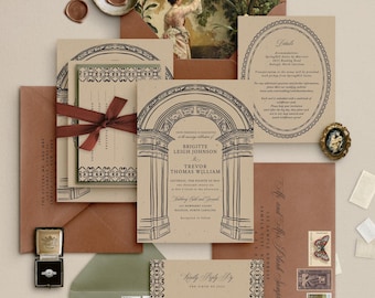 May include: A wedding stationery set featuring tan and green envelopes, cards with black architectural arch illustrations, and text including names Brigitte Leigh Johnson and Trevor Thomas William. Includes wax seals, stamps, and a ring box.
