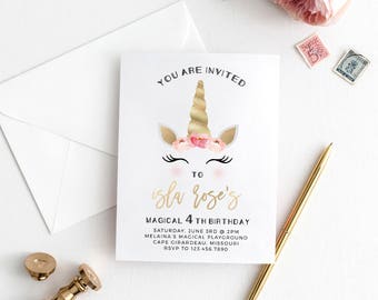 Unicorn Birthday Party Invitation, Magical Unicorn, Faux Foil, Printable Invitation, DIY