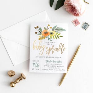 Watercolor Teal and Orange Baby Shower Invitation, Bridal Shower, Wedding Shower, Baptism, Gold, Calligraphy