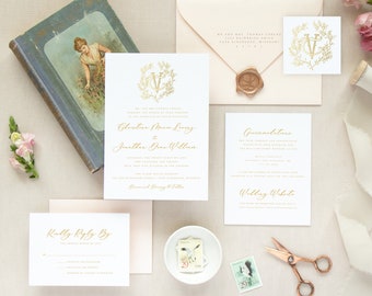 Vine Crest Monogram Wedding Invitation Suite, Semi-Custom, Custom Monogram, Monogram Invitation Suite, Gold, DIY / Printed Invitations