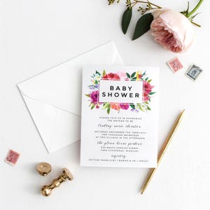 Rosey Watercolor Invitation, Blush and Fuschia, Baby Shower, Shower Invitation