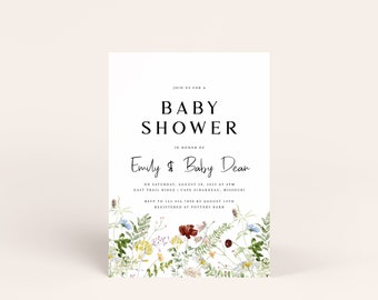 Wildflower Baby Shower Invite Template, White Daisy, Poppy, Vines, Catchfly, Printable, Template, Templett, Instant Download