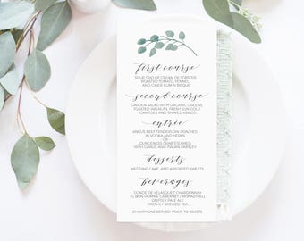 Greenery Wedding Menu, Event Menu, Wedding Menu, Printable Menu Card, Watercolor Wreath, Calligraphy, DIY, Handpainted, Digital File, DIY