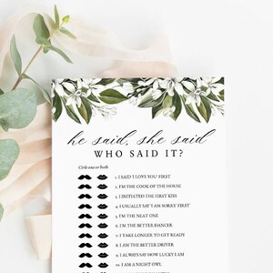 Bridal He Said She Said Game, Bridal Shower Printable, White Floral Bridal Shower, Template, Instant Download, Editable, DIY, Templett