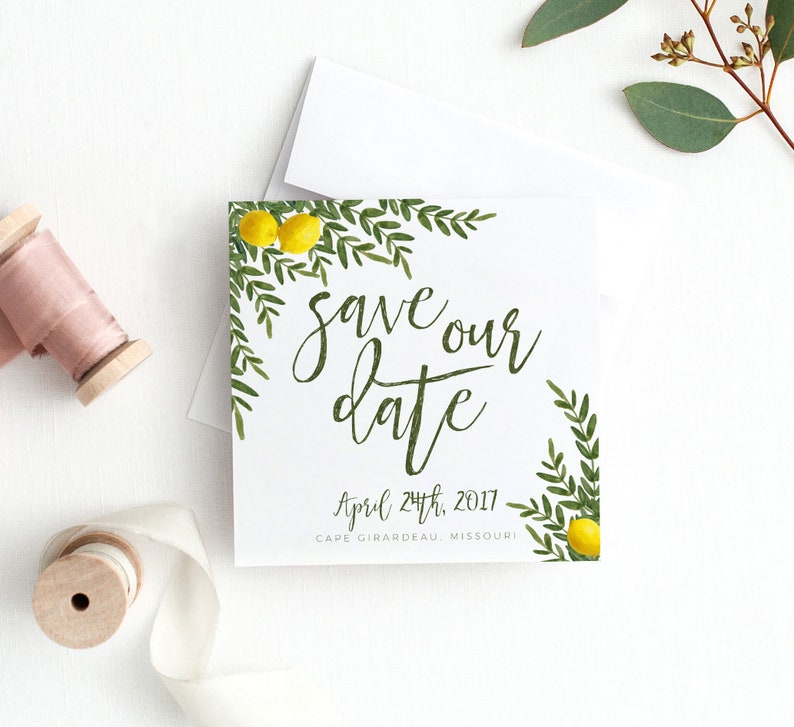 Greenery Save the Date Simple Laurel Wreath Watercolor Lemon Herbana