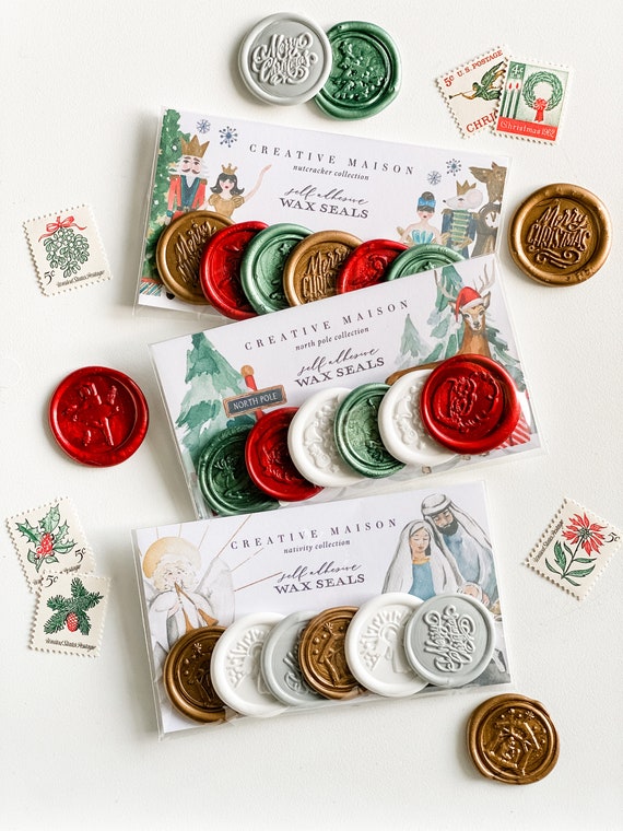 Wax Seal Holiday Collection, Self Adhesive, Christmas Cards, Crafts, Red,  White, Green, Gold, Nativity, North Pole, Nutcracker 