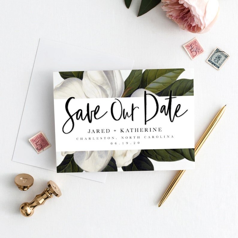 Magnolia Save the Date Template, Magnolia Blooms, Blossoms, Modern Calligraphy, DIY, Templett, Instant Download image 1