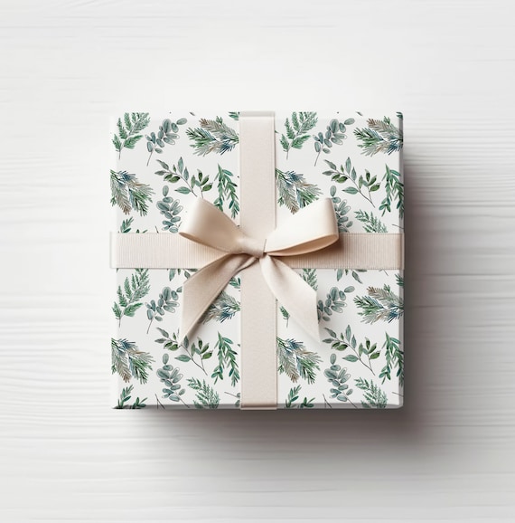 Christmas Wrapping Paper - Winter Greens on White, Branches, Pine,  Evergreen, Hand drawn, Holiday Gift Wrap, 20x29