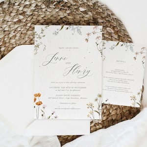 Ensemble de faire-part de mariage à planter growNOTES™, fleurs sauvages, papier graine d'invitation pour jardin, faire-parts uniques, fleurs pressées, design respectueux de l'environnement