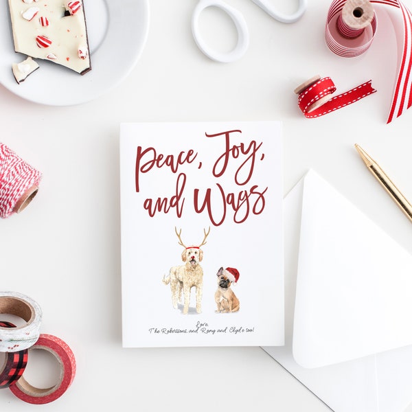 Peace, Joy and Wags, Pet Christmas Greeting Cards, Holiday, Pet Family, Dog and Cat Lovers, Printed 5x7 Cards and Envelopes, or Digital File