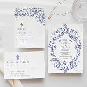 Ensemble de faire-part de mariage à planter growNOTES™, fleurs sauvages, papier d'invitation au jardin, invitations uniques au jardin, design victorien bleu, respectueux de l'environnement