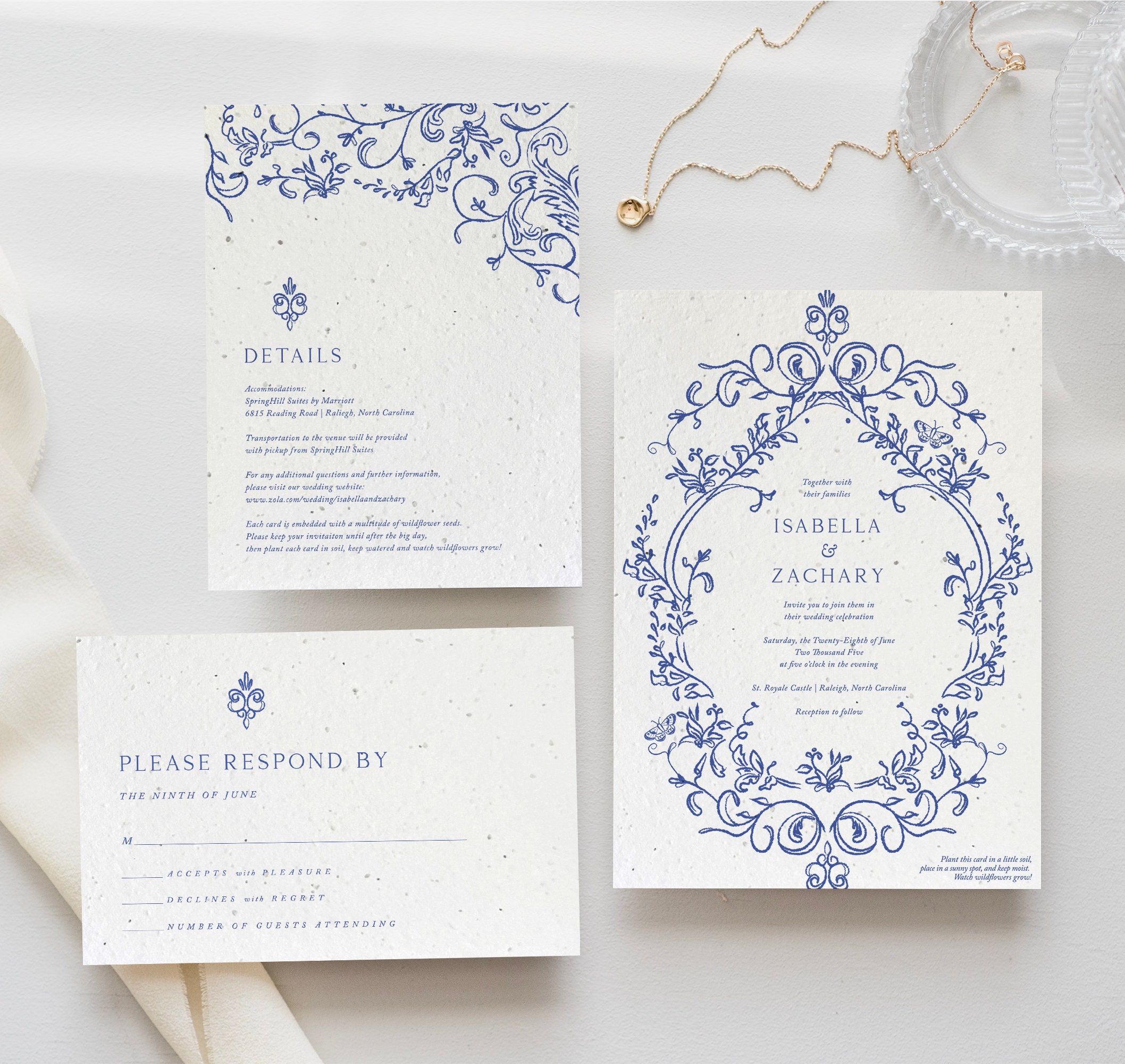 growNOTES™ Plantable Wedding Invitation Suite Wildflower Seed Paper Invite Garden Unique Invitations Blue Victorian Design Eco Conscious