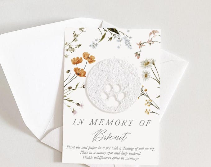 Plantable Pet Memorial Card with Seed Paper And Mailing Envelope: Sympathy Gift For Pet Loss, Cat or Dog Paw Print - Flowers (3.5x5 Size)