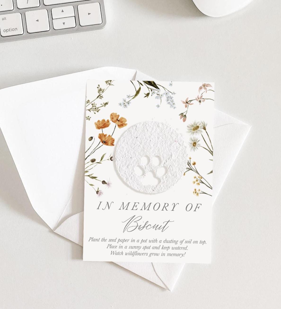 Tarjeta conmemorativa para mascotas growNOTES™ con flores, plantable, papel con semillas y sobre para envío. Regalo de condolencias para amigos, gatos, perros y amantes de los animales. Tarjetas de duelo.