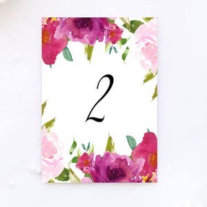 INSTANT DOWNLOAD Watercolor Rosey Table Numbers, Fuschia and Pink, Printable Cards image 2