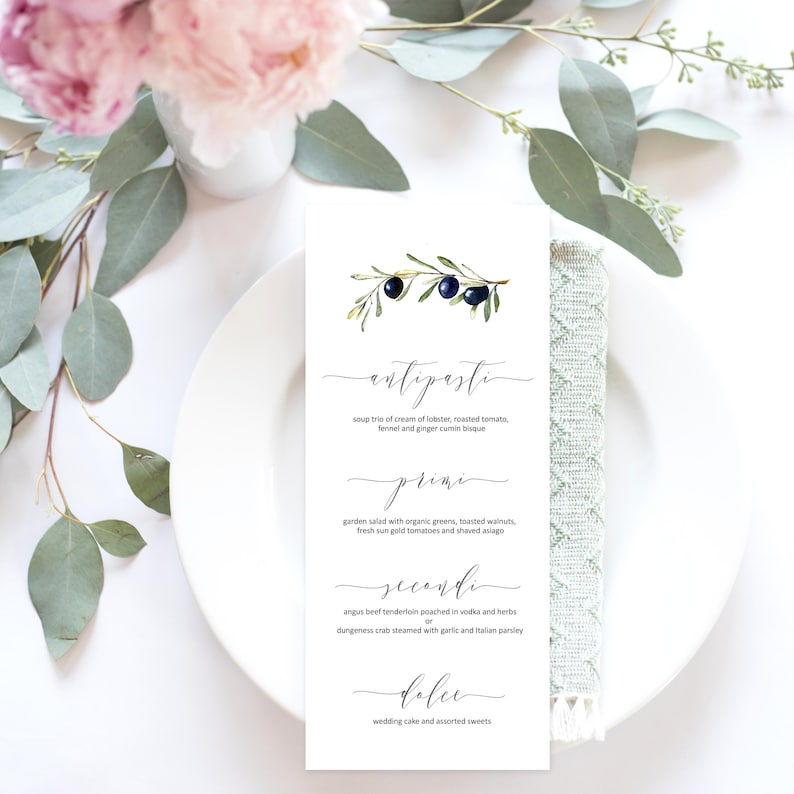 Watercolor Olive Branch and Olives Wedding Menu Watercolor Etsy
