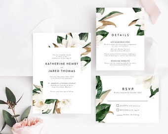 Magnolia and Cotton Wedding Invitation Suite Template, DIY, Watercolor, Painted, Blossom, Modern Blooms, Printable, Invitation, Templett