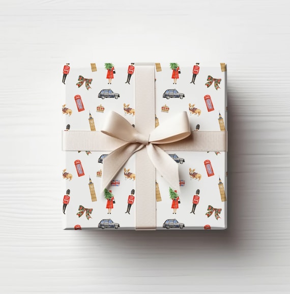 Christmas Wrapping Paper - Royal Holiday with the Queen, Guard, Big Ben, Corgi, Tartan, British, England, Watercolor, Gift Wrap