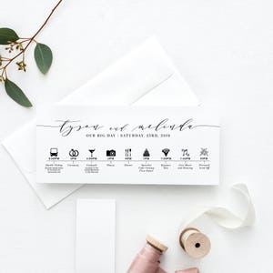 May include: A wedding timeline card with black icons and text. The card lists the events of the wedding day, including the shuttle pickup, ceremony, cocktails, photos, dinner, speeches and cake cutting, first dance, bouquet toss, live music and dancing, and fireworks send off. The text reads "Tyson and Melinda, Our Big Day, Saturday, 23rd, 2018."