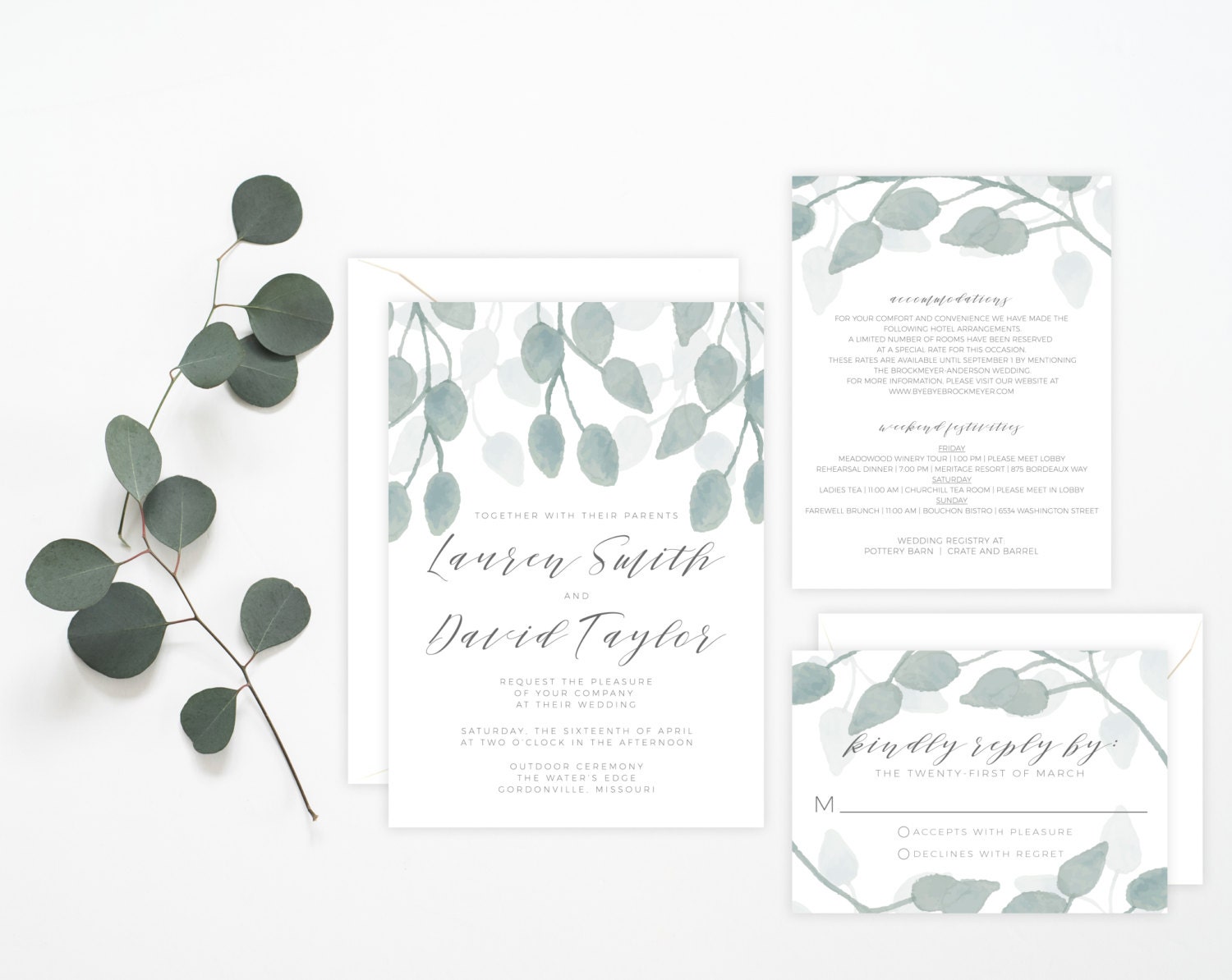 Watercolor Eucalyptus Wedding Invitation Suite