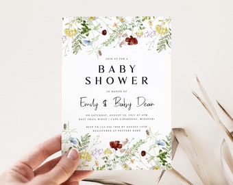 Wildflower Baby Shower Invite Template, White Daisy, Poppy, Vines, Catchfly, Printable, Template, Templett, Instant Download