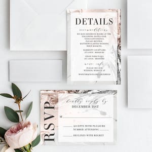 Rose and Graphite Painted Marble Wedding Invitation Suite, Modern, Rose Gold Faux Foil, Printable, DIY, Custom Invitations image 2