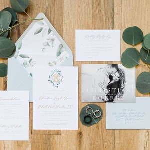 Vintage Greenery Monogram Wedding Invitation Suite, Semi-Custom, Custom Monogram, Monogram Invitation Suite, Gold, Printed Invitations