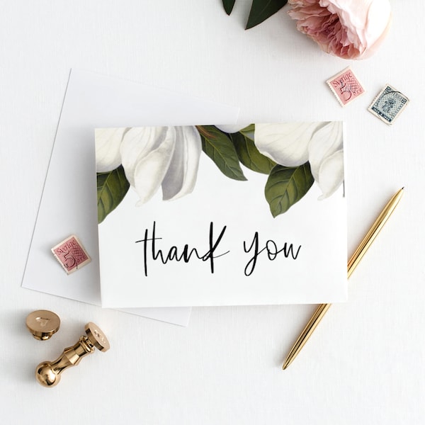 Magnolia Thank You Card Template, Magnolia Blooms, Blossoms, Modern Calligraphy, DIY, Templett, Instant Download