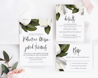 White Magnolia Wedding Invitation Suite, Botanical Florals, Antique, Vintage - Printable Invitation