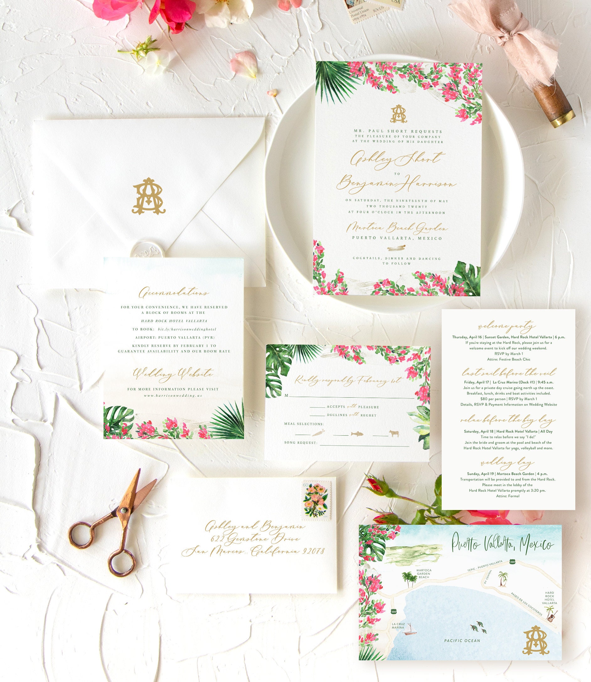 Bougainvillea Tropical Monogram Wedding Invitation Suite, Destination Wedding, Watercolor Palm, Semi-Custom, Gold, Printed Invitations
