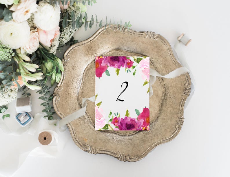 INSTANT DOWNLOAD Watercolor Rosey Table Numbers, Fuschia and Pink, Printable Cards image 1