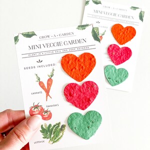 May include: A white card with the text "Grow a Garden Mini Veggie Garden Plant in a little soil and keep watered Seeds Included" and illustrations of carrots, tomatoes, and lettuce. There are four heart-shaped seed paper packets in orange, pink, and green.