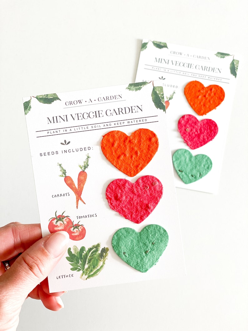 May include: A white card with the text "Grow a Garden Mini Veggie Garden Plant in a little soil and keep watered Seeds Included" and illustrations of carrots, tomatoes, and lettuce. There are four heart-shaped seed paper packets in orange, pink, and green.