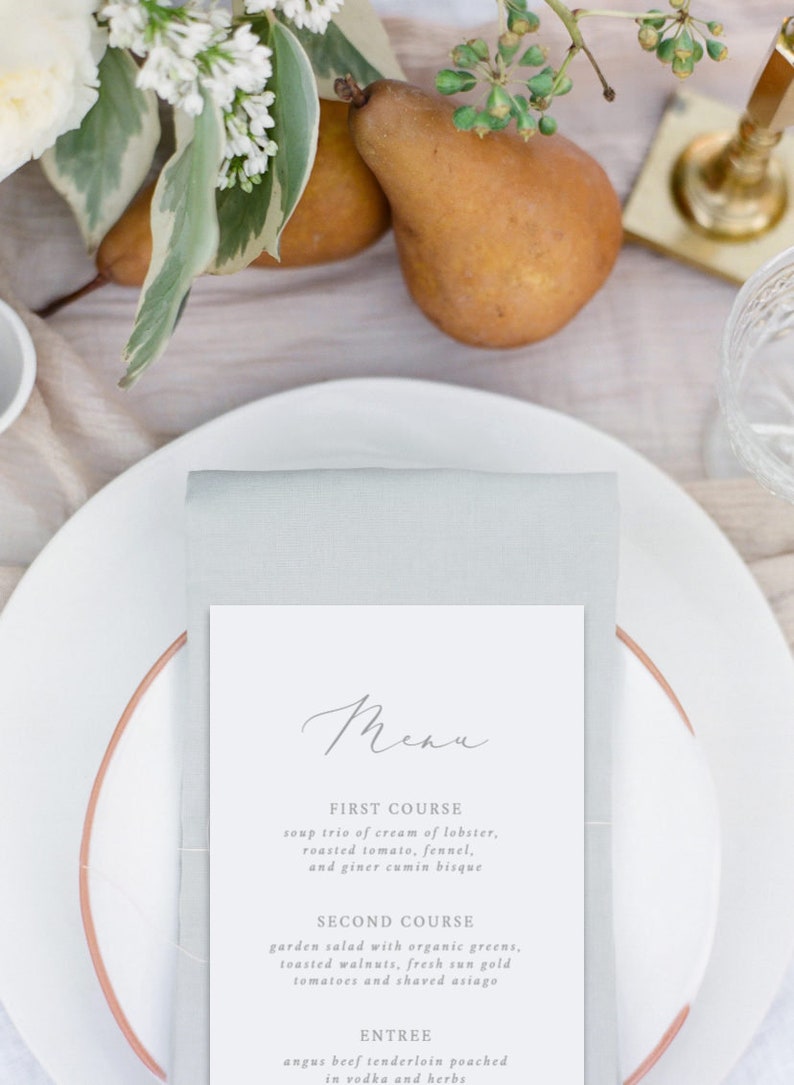 Signature Calligraphy Wedding Menu Template, Hand Drawn, Simple Grey and White, DIY, Templett, Instant Download image 3