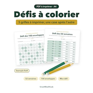 Peut inclure: Un ensemble PDF A4 imprimable de défis d'épargne comprenant deux feuilles : l'une intitulée 'Défi des 100 enveloppes' avec des cercles numérotés et l'autre 'Défi des 52 semaines' avec des cases numérotées, accompagnées d'un crayon vert et jaune.