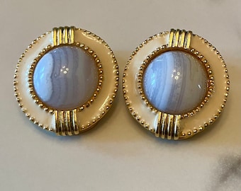 Vintage Gold tone White enamel Lavender Stone Clip on earrings