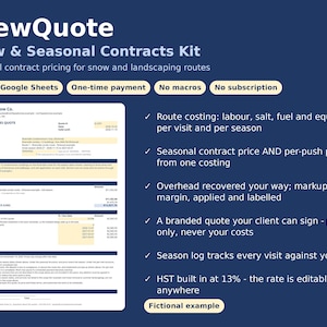 Puede incluir: Un documento digital titulado CrewQuote Snow & Seasonal Contracts Kit sobre un fondo azul oscuro. Presenta un ejemplo de presupuesto de servicios estacionales, enumera funciones como costes de ruta y precios de contrato, y se&ntilde;ala que es un ejemplo ficticio.